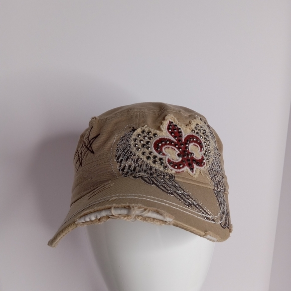 TAN Fleur-de-lis  CAP Y2K STYLE MILITARY‎ W/ RHINESTONE WING DETAIL - Picture 2 of 7